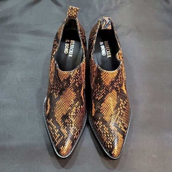 BLEECKER & BOND SNAKE PRINT CHUNKY HEEL SLIP-ON POINTED TOE BOOTIE - Picture 3 of 15